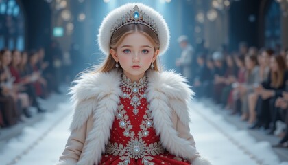 Wall Mural - very cute little Russian girl, Wearing red traditional Russian clothes walking down the runway as snow princess with diamond tiara, white fur coat and hat, holding doll wearing ornate dress, jewelry