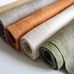 Rolled linen fabric in assorted earthy tones.