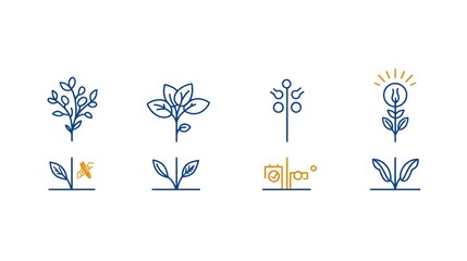 Aufkleber - Collection of 6 linear icons simply and elegantly illustrating key botanical and natural science concepts such as ecosystem pollination leaf patterns and other natural symbols in a linear