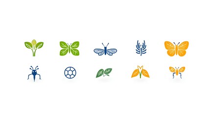 Aufkleber - Collection of 6 simple and modern linear icons illustrating key botanical concepts such as ecosystem pollination leaf patterns and other natural science symbols in a minimalist linear style