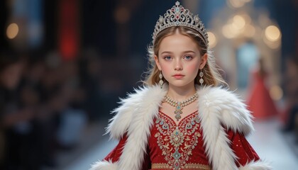 Wall Mural - very cute little Russian girl, Wearing red traditional Russian clothes walking down the runway as snow princess with diamond tiara, white fur coat and hat, holding doll wearing ornate dress, jewelry