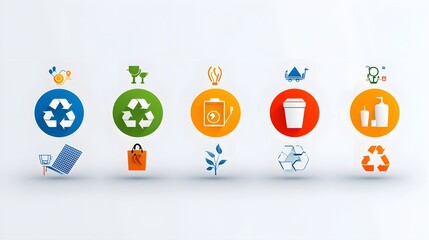 Poster - Collection of 6 linear infographic icons representing sustainable living solutions including energy efficient appliances solar panels and recycling symbols on a clean white background