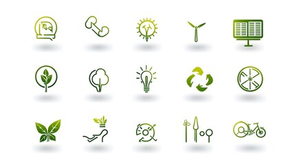 Poster - Comprehensive collection of linear green technology icons featuring renewable energy symbols such as solar panels wind turbines and other eco friendly practices on a clean white background