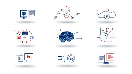 Fototapete - Collection of 6 linear icons representing a set of digital intelligence machine learning algorithms and data cloud computing concepts on a clean white background  These icons symbolize intelligence