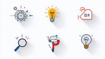 Aufkleber - This image depicts a collection of 6 linear icons or symbols that visually represent the concept of forward thinking solutions  innovation strategy  and business intelligence  The icons feature gears