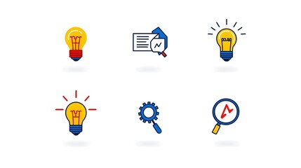 Poster - Collection of 6 Linear Icons and Infographic Symbols Representing Forward Thinking Solutions Featuring Gears Magnifying Glass