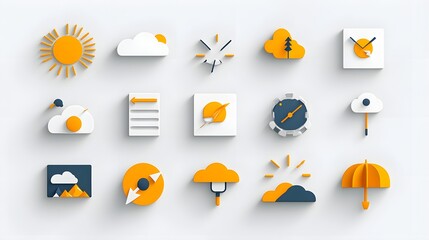 Poster - A collection of 6 linear  minimalist and stylized two tone geometric weather icons representing thunderstorms  sunny skies  and winter snow conditions in a simple and abstract design