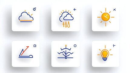 Poster - Collection of 6 linear weather icons in a minimalist and stylized two tone geometric design representing thunderstorms sunny skies and winter snow conditions in a simple and abstract visual style