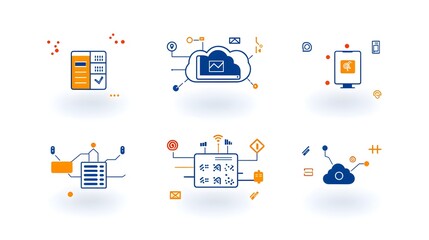Aufkleber - Minimalist two color icon collection depicting a cloud symbol with interconnected networks of servers symbolizing scalable hosting and robust digital infrastructure for modern technology solutions