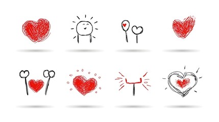 Poster - Elegant collection of 6 modern minimalist red heart shaped icons in a range of simple to detailed designs  arranged on a clean white background for a premium  stylish look