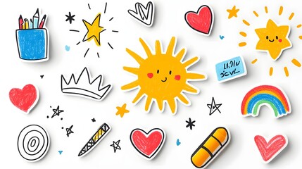 Fototapete - This image showcases a collection of vibrant and playful crayon doodle icons featuring a mix of abstract shapes and symbols such as suns  hearts  stars  crowns  and rainbows