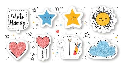 Fototapete - Collection of 6 vibrant and playful linear icons featuring a cheerful sticker pack with crayon drawn shapes  clouds  rainbows  suns  hearts  crowns  arrows  and stars in a naive and childish style