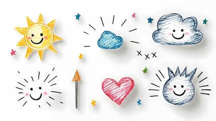 Fototapete - Playful and Vibrant Sticker Pack Featuring Cheerful Crayon Drawn Shapes Like Clouds Rainbow Sun Hearts Crowns Arrows and Stars in a Fun Naive and Childish Style