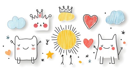 Fototapete - A collection of playful and vibrant linear icons featuring a cheerful sticker pack with crayon drawn shapes  including clouds  rainbows  hearts  crowns  arrows  and stars in a fun  naive