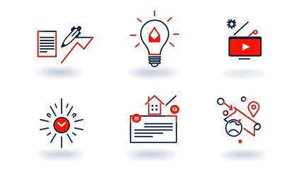 Aufkleber - Collection of 6 simple and minimalist linear business marketing icons representing the concepts of agreement sponsorship and social media  These graphic design elements can be used for infographics