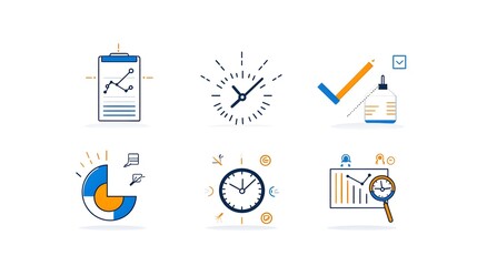 Aufkleber - Set of thin line icons representing various productivity  efficiency  and time management elements such as growth graphs  data analytics  business planning  teamwork  workflow optimization