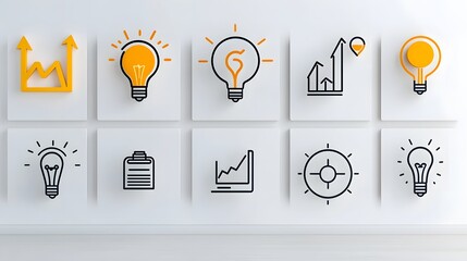 Leinwandbilder - Collection of 6 Minimalist Linear Icons Representing Various Productivity Efficiency and Time Management Elements Such as Growth Graphs Data Analytics Business Planning Teamwork