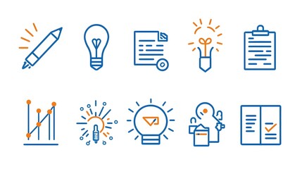 Fototapete - Collection of 6 Minimal Linear Icons Representing Productivity and Efficiency Elements Such as Growth Graphs Data Analytics Business Planning Teamwork Workflow Optimization and Brainstorming