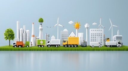 Poster - Centralized renewable energy grid system connecting various power plants including wind turbines and solar panels with homes factories and commercial areas in a modern eco friendly cityscape