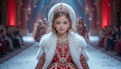 Wall Mural - very cute little Russian girl, Wearing red traditional Russian clothes walking down the runway as snow princess with diamond tiara, white fur coat and hat, holding doll wearing ornate dress, jewelry