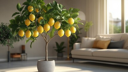 Wall Mural - A lush indoor lemon tree with ripe, vibrant yellow fruits hanging from the branches in a bright modern living room, perfect for home decor.