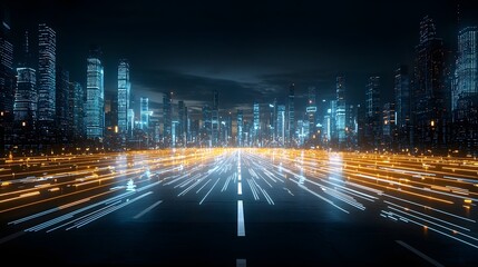 Aufkleber - Glowing digital data streams flowing through a virtual cityscape showcasing futuristic technology innovation and seamless connectivity in a bustling metropolis