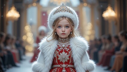 Wall Mural - very cute little Russian girl, Wearing red traditional Russian clothes walking down the runway as snow princess with diamond tiara, white fur coat and hat, holding doll wearing ornate dress, jewelry