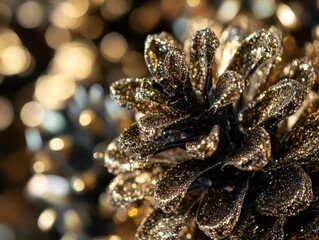 Artificial pine decor Concept. Detailed macro image of artificial pinecones adorned with glitter, showcasing texture and sparkle in a visually appealing composition.