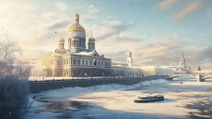 Wall Mural - Winter Sunrise Over Saint Petersburg Cathedral River Scene