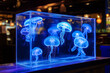 Transparent Display Case Featuring Glowing Artifacts with a Modern Aesthetic Appeal
