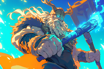 a powerful warrior with a hammer stands triumphantly against a vibrant blue backdrop, exuding streng