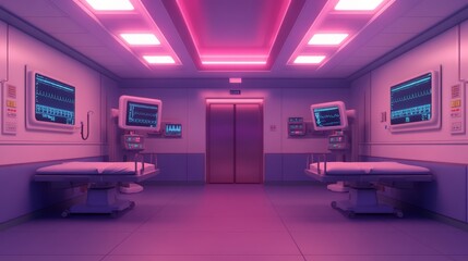 Wall Mural - Futuristic Hospital Room with Neon Lights and Medical Equipment in a Sleek Design, Featuring Monitors and Empty Beds for Healing and Care