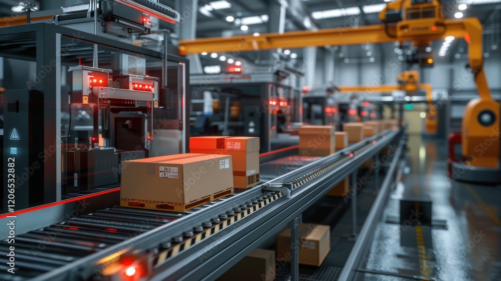 Smart packaging line showcasing automated material flow, robotic ...