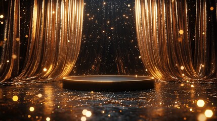 Wall Mural - A black and gold stage with shimmering lights, golden curtains, and a round podium, creating an atmosphere of mystery and elegance.