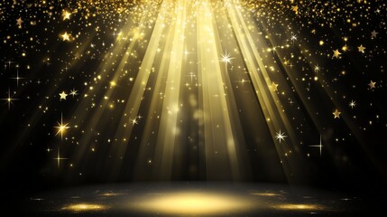 Wall Mural - A dark background illuminated by golden light beams, creating a luxurious glow and dynamic sparkle on the floor.