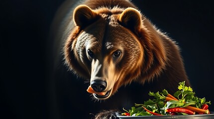 brown bear eating vegetables.