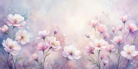 Wall Mural - Serene watercolor painting of delicate blossoms in soft pastel hues, showcasing a tranquil floral arrangement with a dreamy, ethereal quality, perfect for calming home decor
