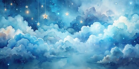 Wall Mural - Celestial Dreamscape A Serene Watercolor Painting of Hanging Stars Adorning a Fluffy Cloud-Filled Night Sky