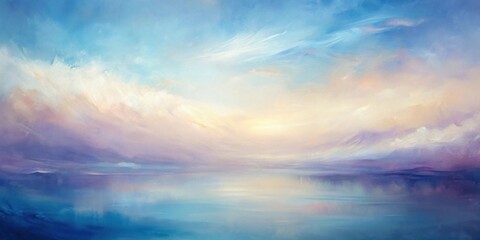 Wall Mural - serene landscape painting pastel hues of a calm ocean reflecting a dreamlike sky at dawn