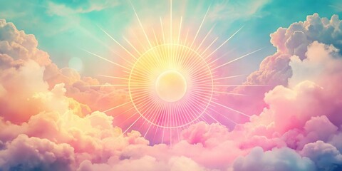Wall Mural - Celestial Radiance A Dreamlike Sunrise Over Soft Pastel Clouds with a Glowing Orb and Sunburst Pattern