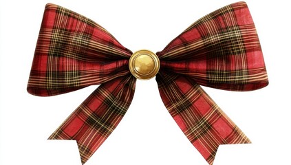 Wall Mural - Red and green plaid fabric bow with gold button center, isolated on white background.