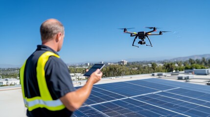 Wall Mural - A technician operates a drone above solar panels on a rooftop.