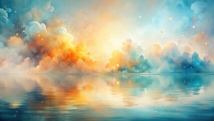 Wall Mural - Serene Waters Reflecting a Dreamlike, Colorful Sky with Glimmering Lights and Floating Celestial Bodies