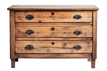 Wall Mural - Rustic three-drawer wooden chest of drawers with metal handles on white background.