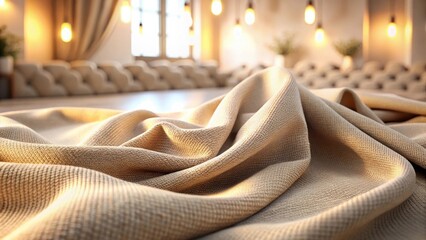 Wall Mural - Luxurious Beige Fabric Draped Elegantly on a Smooth Surface, Illuminated by Warm Ambient Lighting in a Serene Interior Setting