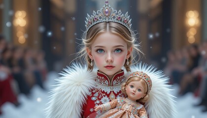 Wall Mural - very cute little Russian girl, Wearing red traditional Russian clothes walking down the runway as snow princess with diamond tiara, white fur coat and hat, holding doll wearing ornate dress, jewelry