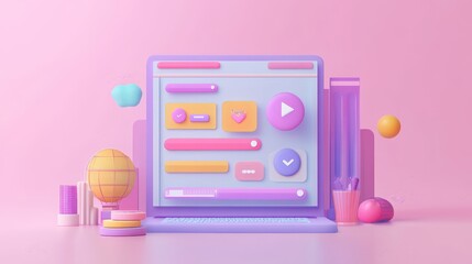 A colorful digital interface with playful buttons and elements on a laptop against a pink background.