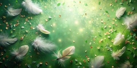 Wall Mural - Enchanted Green Meadow Soft White Feathers and Golden Petals Dance in a Dreamlike Setting