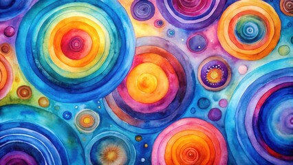 Wall Mural - Vibrant Watercolor Circles Abstract Art Featuring Overlapping Concentric Rings in a Symphony of Blues, Oranges, and Purples