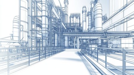 Wall Mural - A blueprint-style illustration of an industrial facility with pipes and structures.